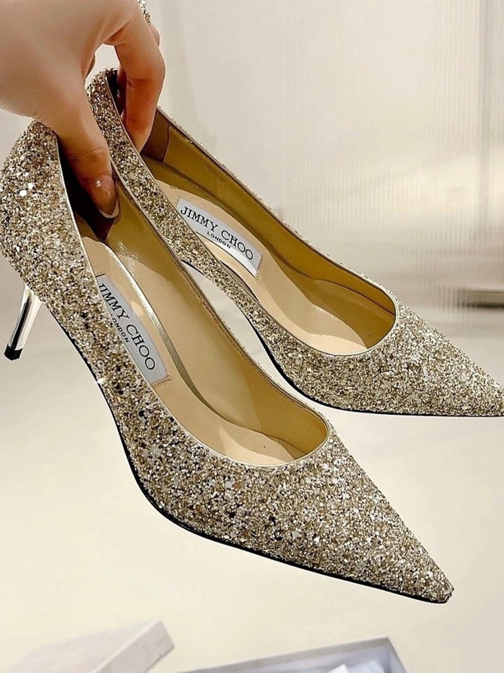 Jimmy Choo Romy Glitter Pointed Toe Pumps Gold